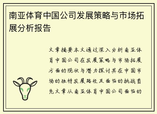 南亚体育中国公司发展策略与市场拓展分析报告