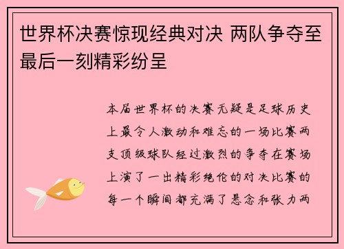 世界杯决赛惊现经典对决 两队争夺至最后一刻精彩纷呈